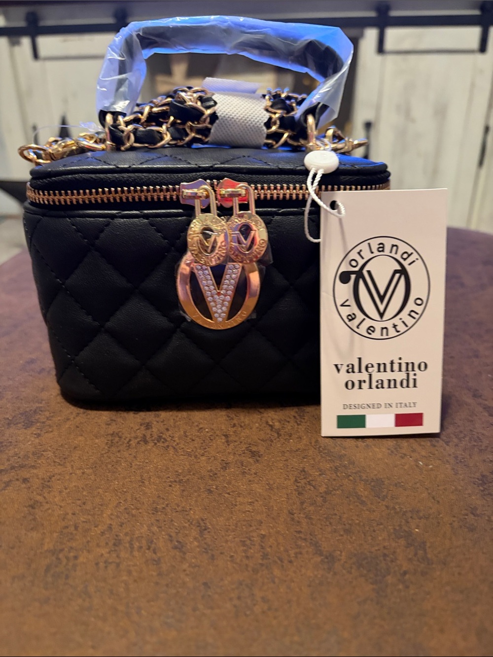 Valentino Orlandi Black Quilted Vanity Case with Gold-Tone V Logo Charm